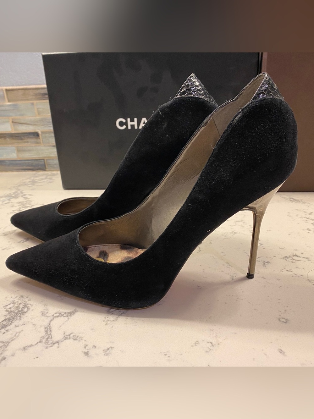 Sam Edelman Black Suede Pointed Toe Stiletto Pumps with Metallic Heel